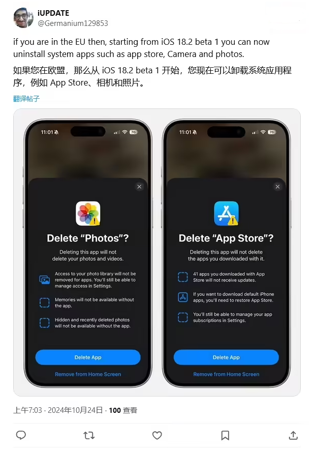 林西苹果手机维修分享iOS 18.2 支持删除 App Store 应用商店 